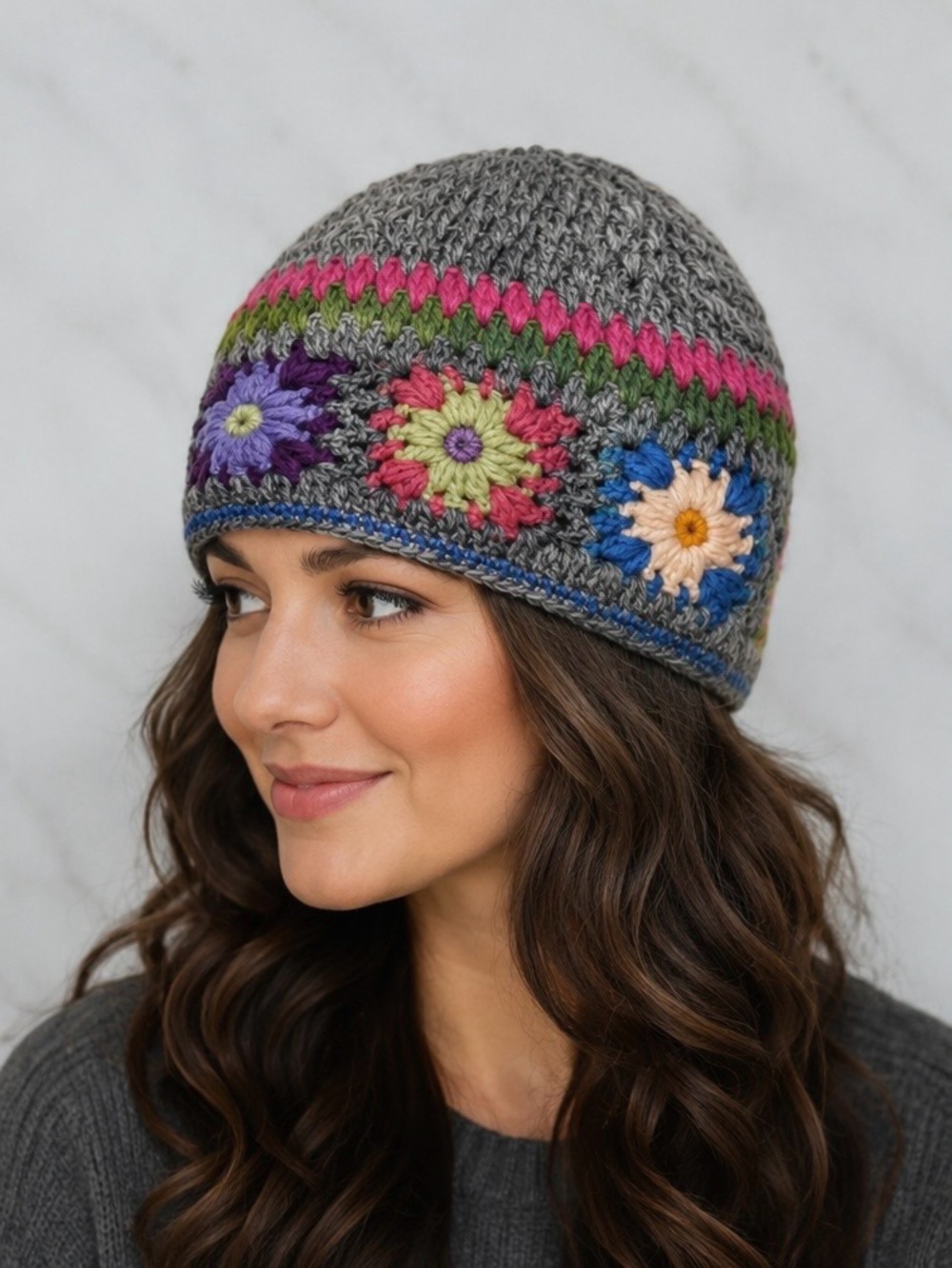 Pachamama Woodstock Gray Multi Floral Crochet Granny Square Wool Beanie Hat